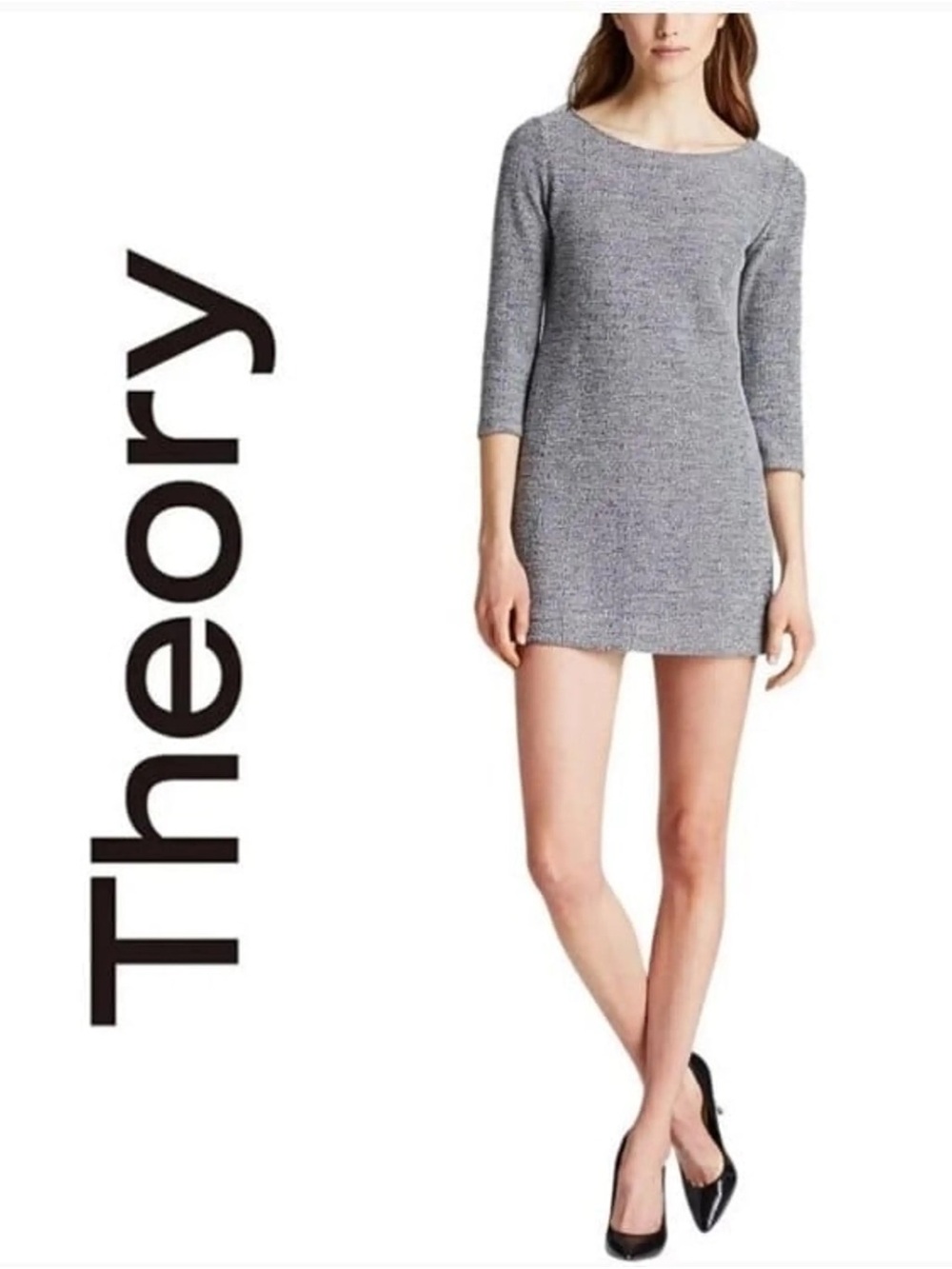 Theory 100% cotton grey tweed mini dress with 3/4 sleeves